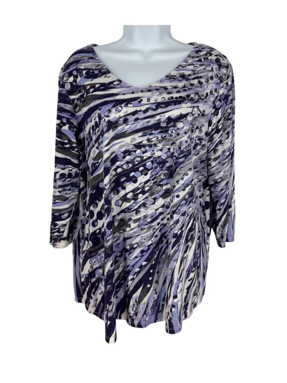Chicos Abstract Print Purple/Black/White 3/4 Sleeve V-Neck Tunic Top Size 2 US M